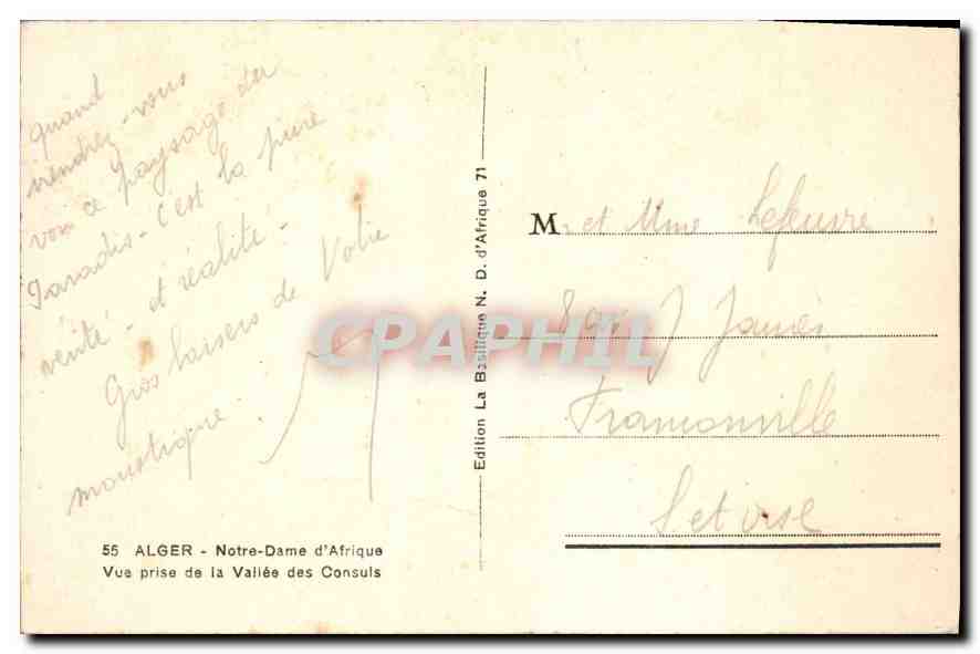 Alger - Notre-Dame d'Afrique — Ansicht aus der Tal der Konsuln — Edition La Basilique N. D. d'Afrique N°71 — Rückseite