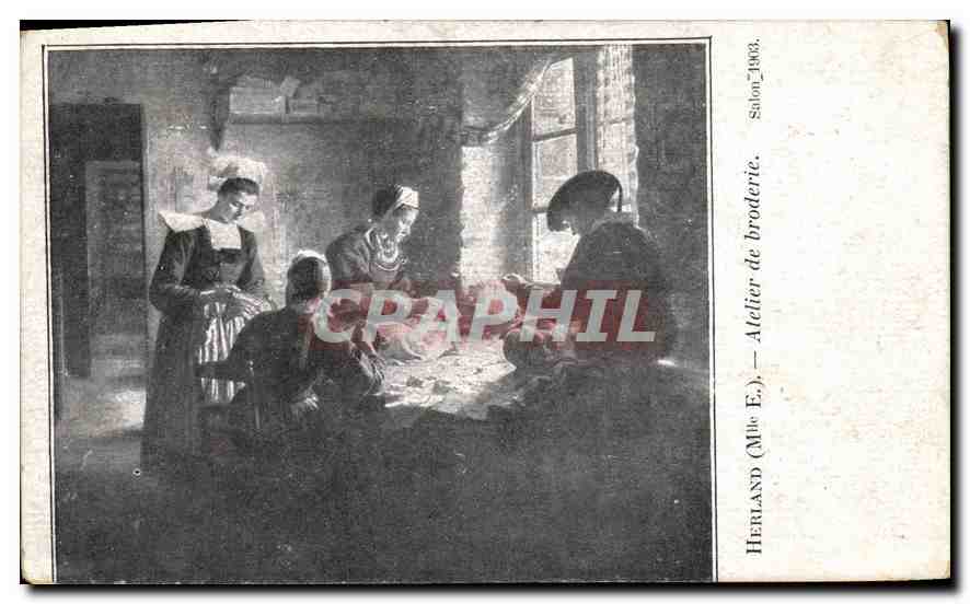 CPA Herland Mlle F Atelier de broderie 