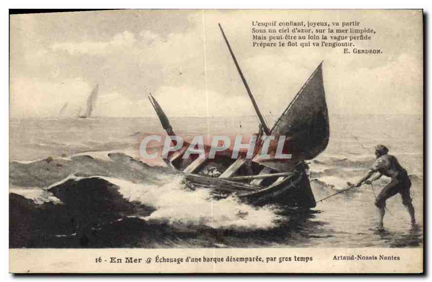 CPA En Mer Echouage d'une barque desemparee par gros temps 