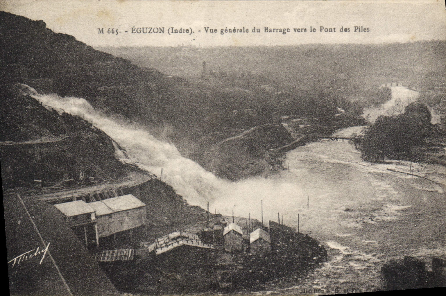 ÉGuzon (Indre) — Vue générale du barrage vers le Pont des Piles — Michely, M 665