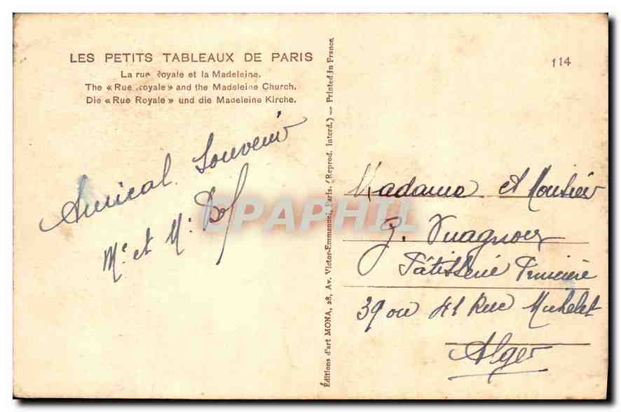 CPA Les Petits Tableaux de Paris La rue Royale et la Madeleine  — Rückseite