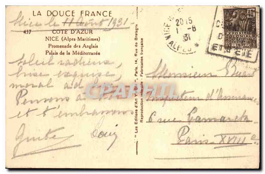 CPA Cote d'Azur Nice Alpes Maritimes Promenade des Anglais Palais de la Mediterranee  — Verso
