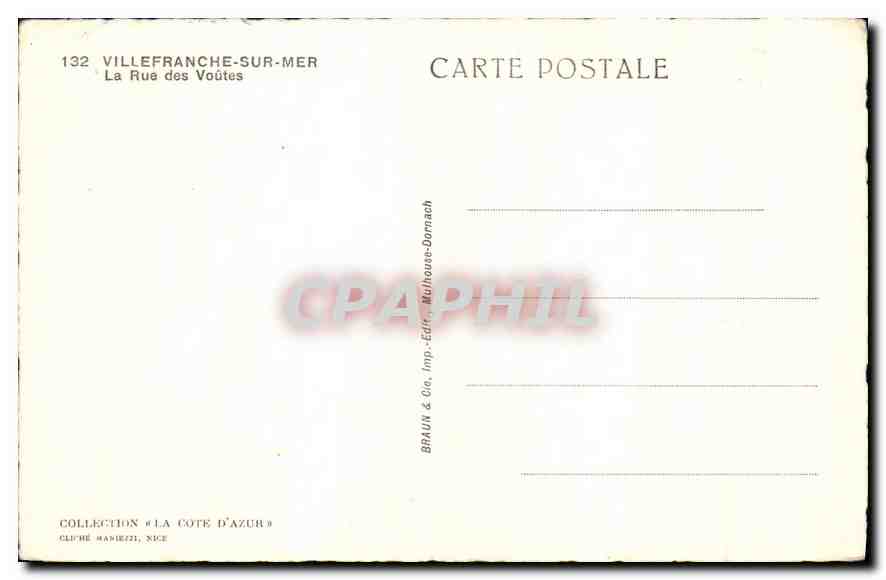 Villefranche-sur-Mer — La Rue des Voutes — Braun & Cie, imp. Édit. Mulhouse-Dornach — Verso