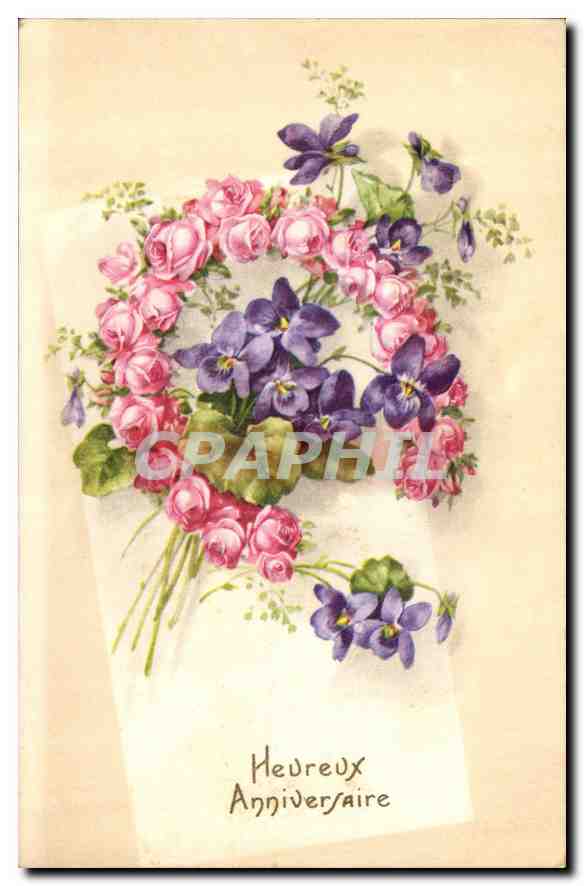 CPA Heureux Anniversaire Fleurs Fer a cheval
