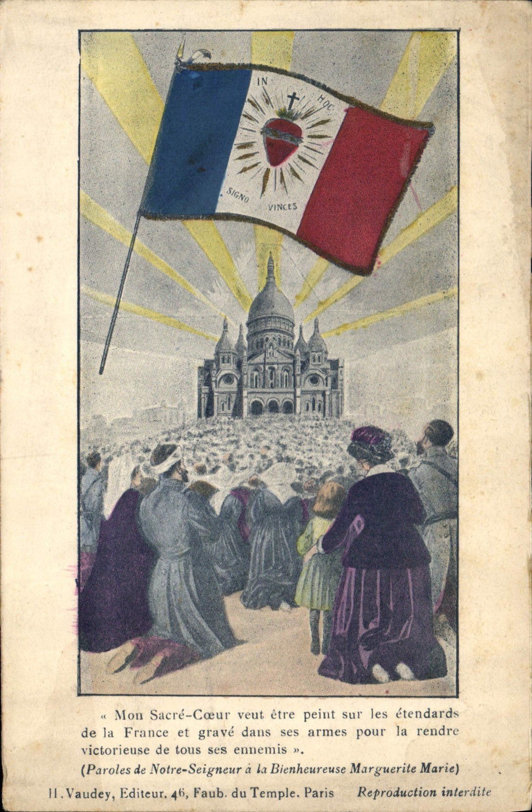 Sacré-Cœur de Paris — illustration religieuse avec drapeau tricolore et texte sacré — éditeur II. Vaudey, 46, Faub. du Temple, Paris