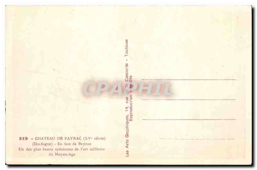 Château de Fayrac — Dordogne — Arts Graphiques, 14 rue de la Concorde, Toulouse — Verso