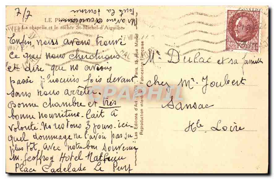 CPA Le Puy La chapelle et le rocher St Michel d'Aiguilles  — Verso