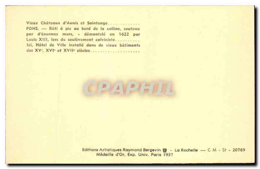 CPA Vieux Chataux d'Aunis et Saintonage Pons  — Verso