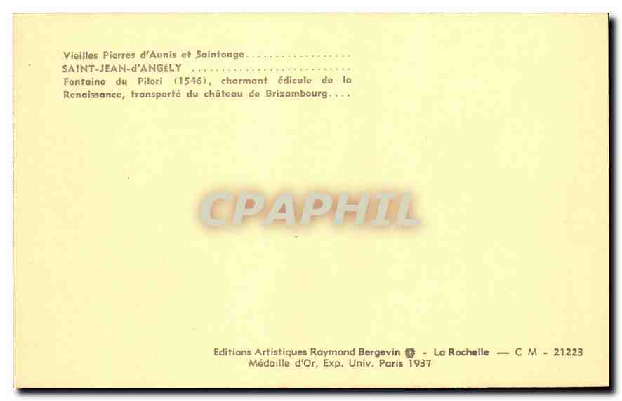 Fontaine du Piloni — Saint-Jean-d'Angély — Éditions Artistiques Raymonde Bergavin — Verso