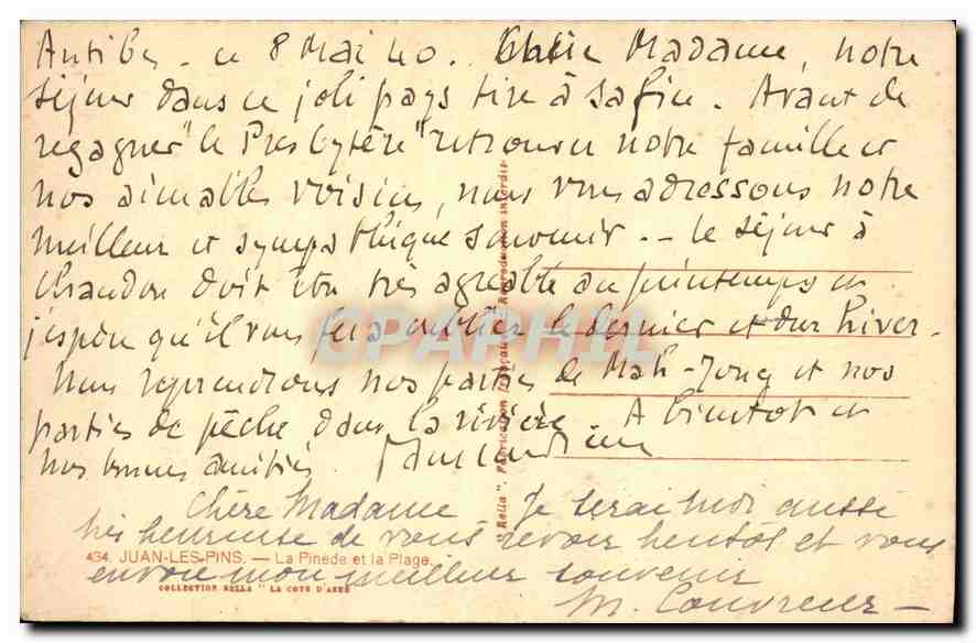 CPA Juan les Pins la Pinede et la plage  — Verso
