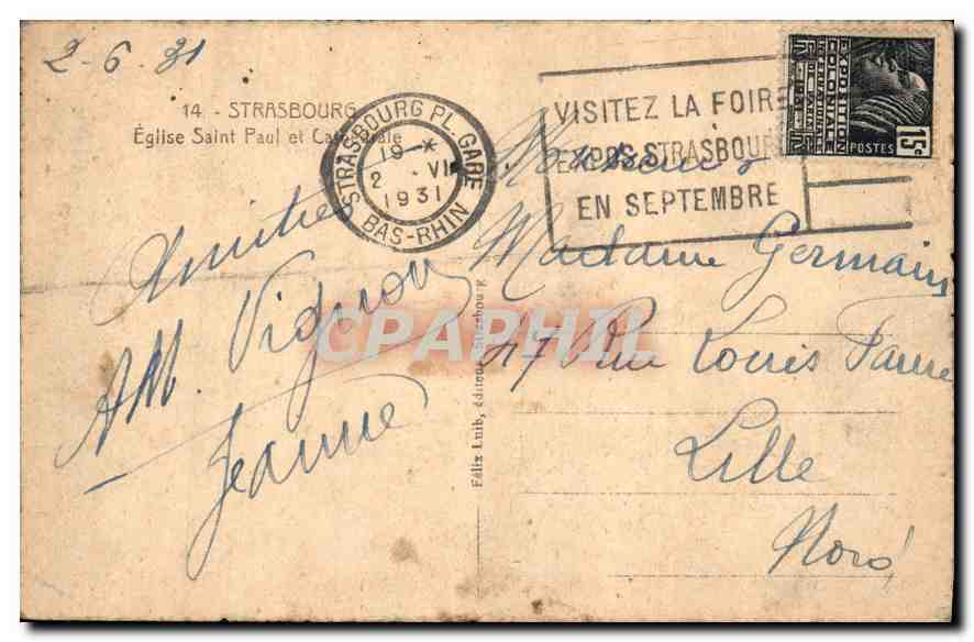CPA Strasbourg Eglise Saint Paul et Cathedrale  — Rückseite