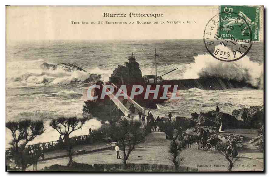 Biarritz Pittoresque — Tempête du 21 Septembre au Rocher de la Vierge — Édition A. Simons, La Côte Pardailhan