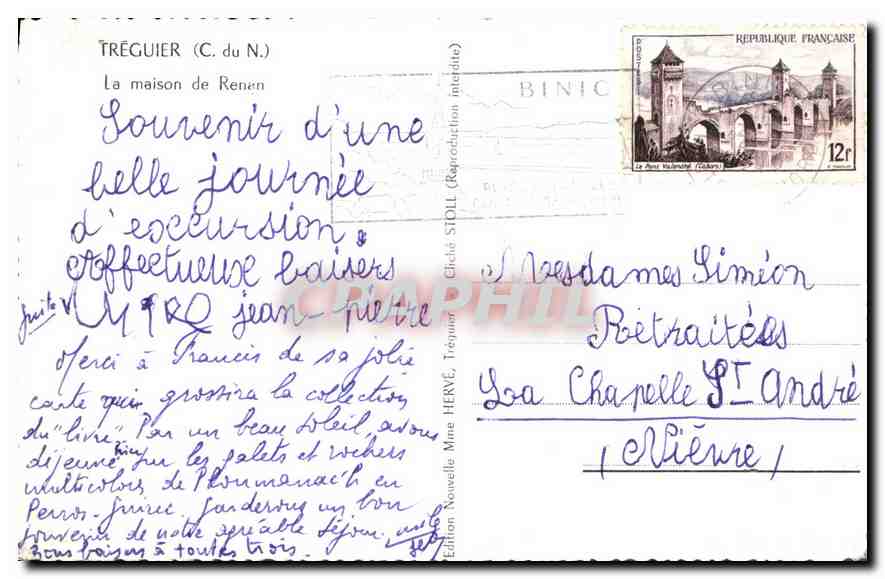 CPA Treguier C du N la maison de Renan  — Rückseite