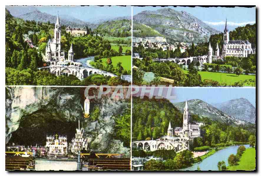 CPA Bouvenir de Lourdes H P la Basilique vue du chateau Fort la Basilique et les montagnes la Grotte