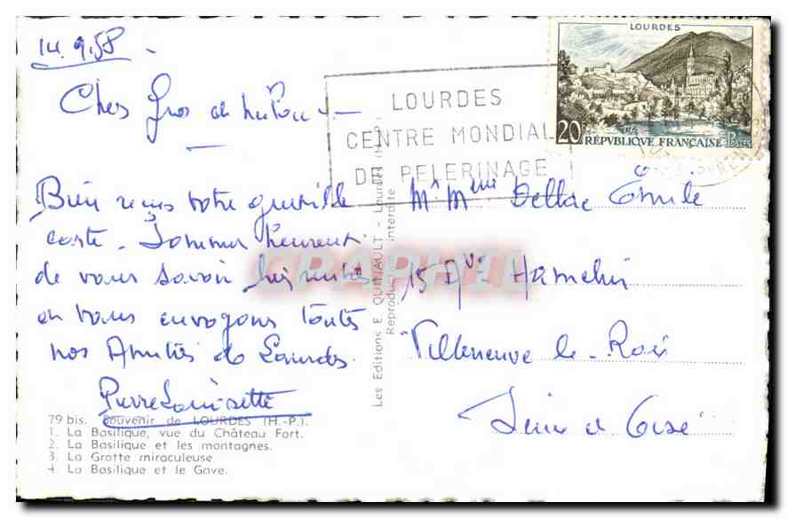 CPA Bouvenir de Lourdes H P la Basilique vue du chateau Fort la Basilique et les montagnes la Grotte — Verso