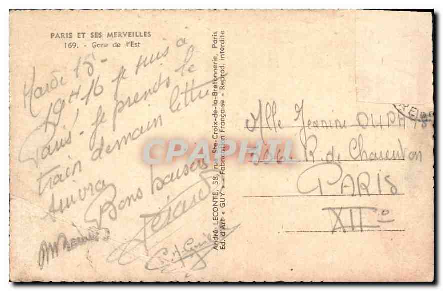 CPA Paris et ses Merveilles Gare de l'Est  — Verso