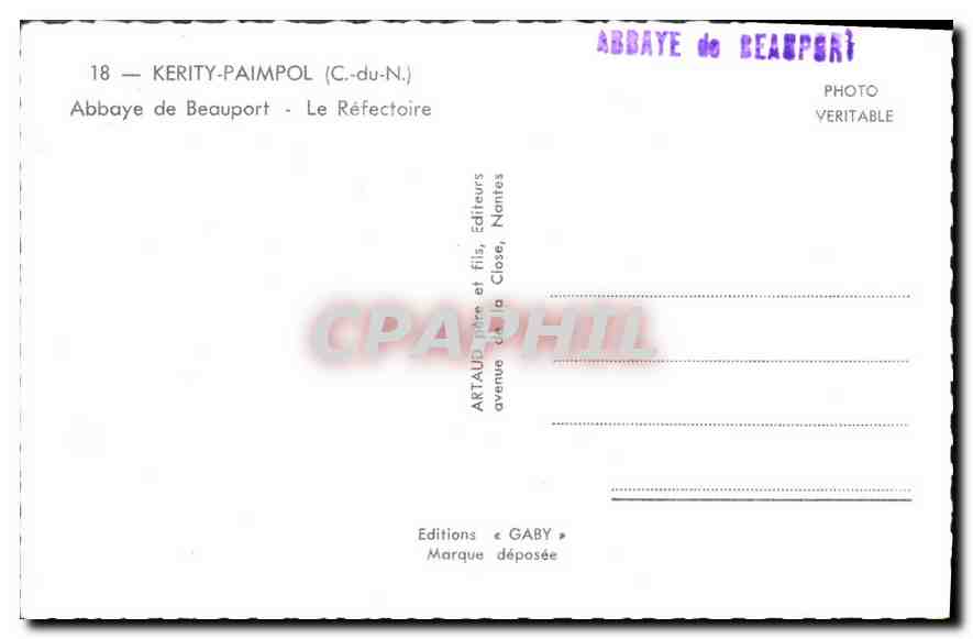 CPA Kerity Paimpol C du N Abbaye de Beauport le Refectoire  — Rückseite
