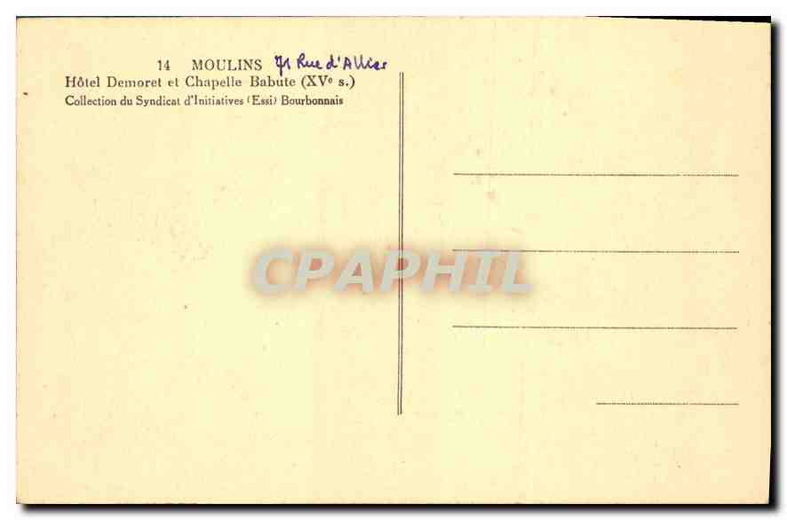 CPA Moulins hotel demoret et chapelle Babute XVS Epicerie Boucherie — Verso