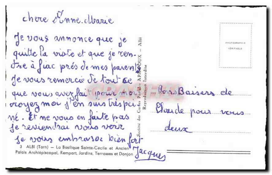 La Basilique Sainte-Cécile et Ancien Palais Archiépiscopal à Albi — Société des Cartes Postales APA — Rückseite