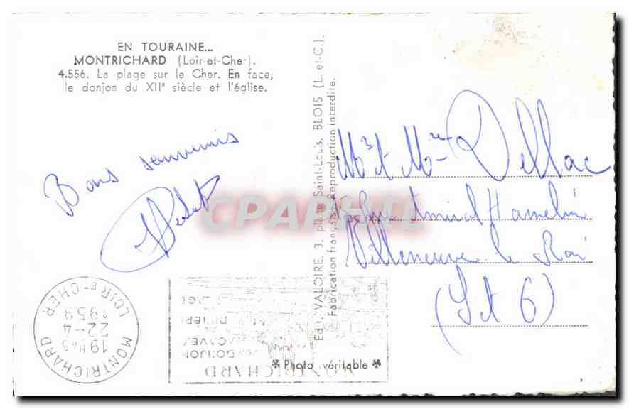 Valoires — plage sur le Cher — éditeur Valoires, n° 4.556 — Verso