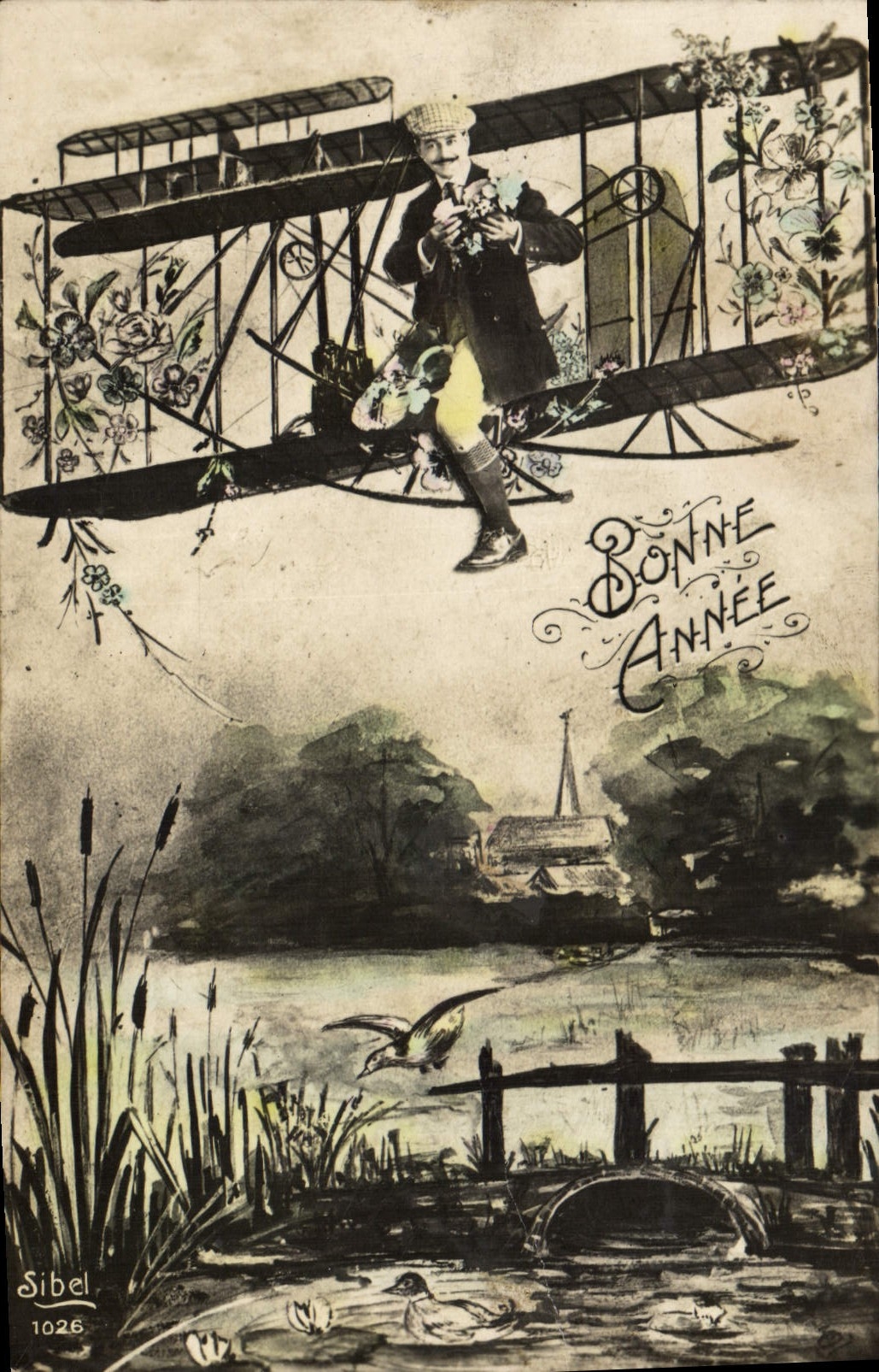 Aviateur avec bouquet — Bonne Année — Sibel 1026
