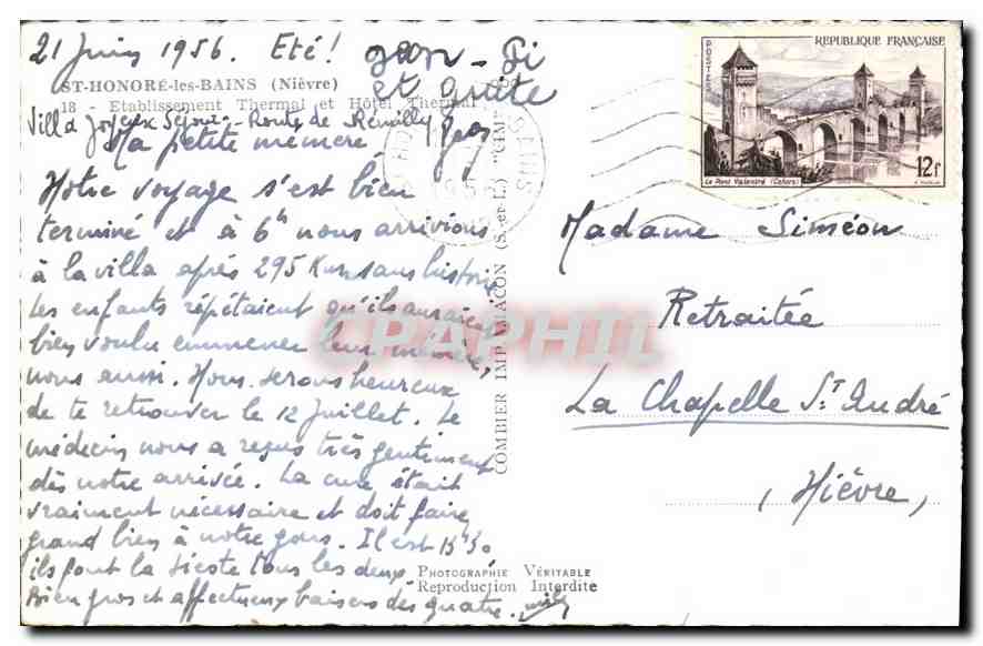 CPA St Honore les Bains Nievre Etablissement Thermal et hotel Thermal  — Rückseite