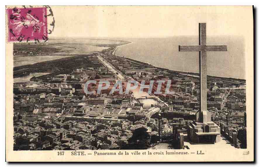 CPA Sete Panorama de la ville et la croix lumineuse 