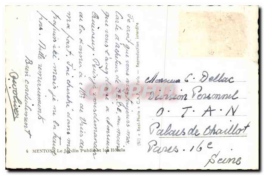 Menton — Le Jardin Public et les Hôtels — éditeur C.A.P. (Paris) n° (51) — Rückseite