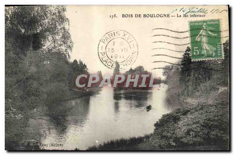 Bois de Boulogne — Le lac inférieur — Éditeur : J. Le P. (Sebrea) n°175