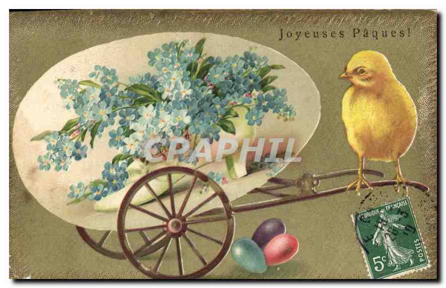 CPA Pâques Poussin Fleurs
