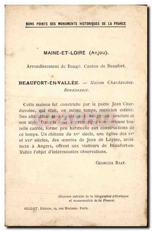 CPA Les Monuments historique de la France Beaufront en Vallee Maine et Loire Maison Chardavoine  — Rückseite