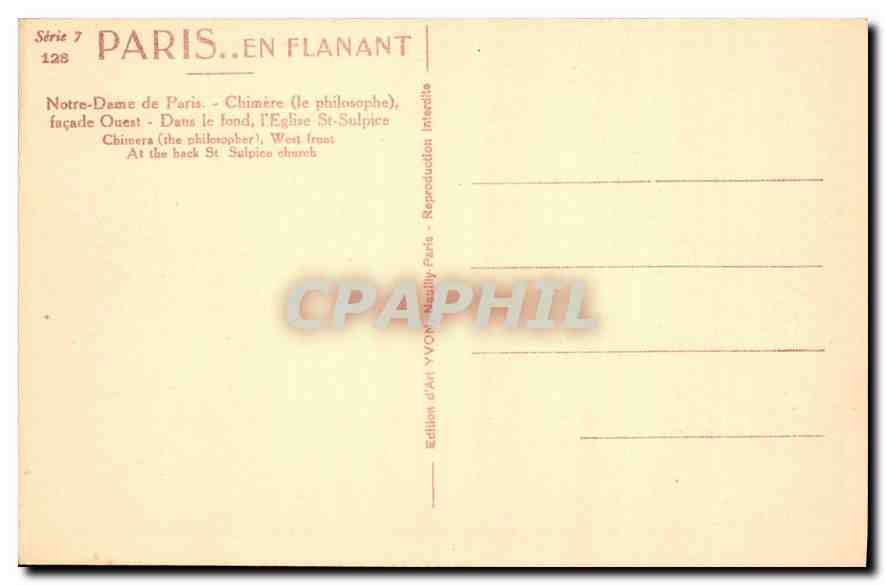CPA Paris en Flanant Notre de Paris Chimere le Philosophe facade Ouest dans le Fond l'eglise St Sulp — Verso