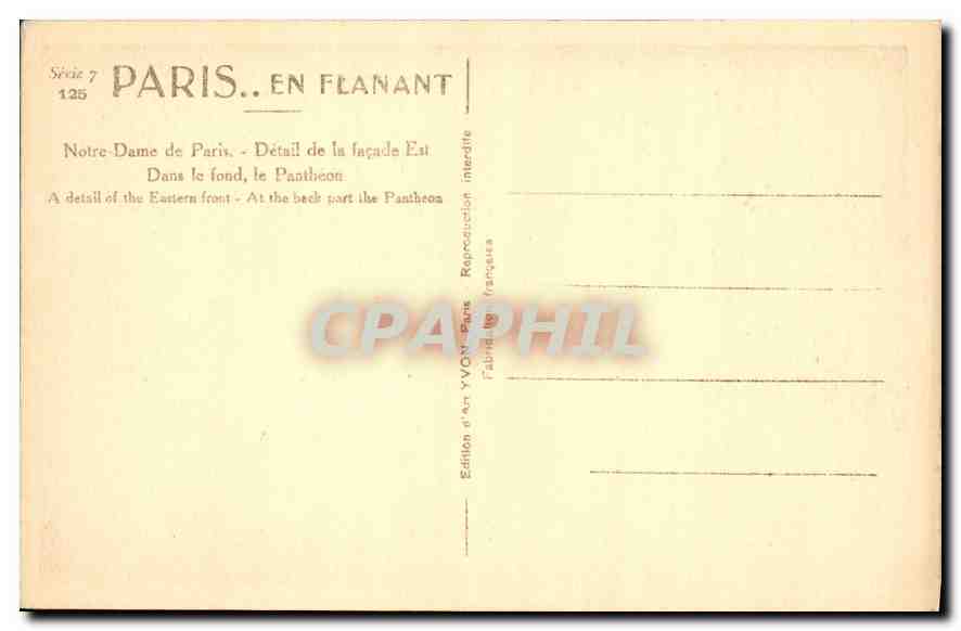 CPA Paris En Flanant Notre Dame de Paris Detail de la Facade Est dans le fond le Pantheon  — Verso
