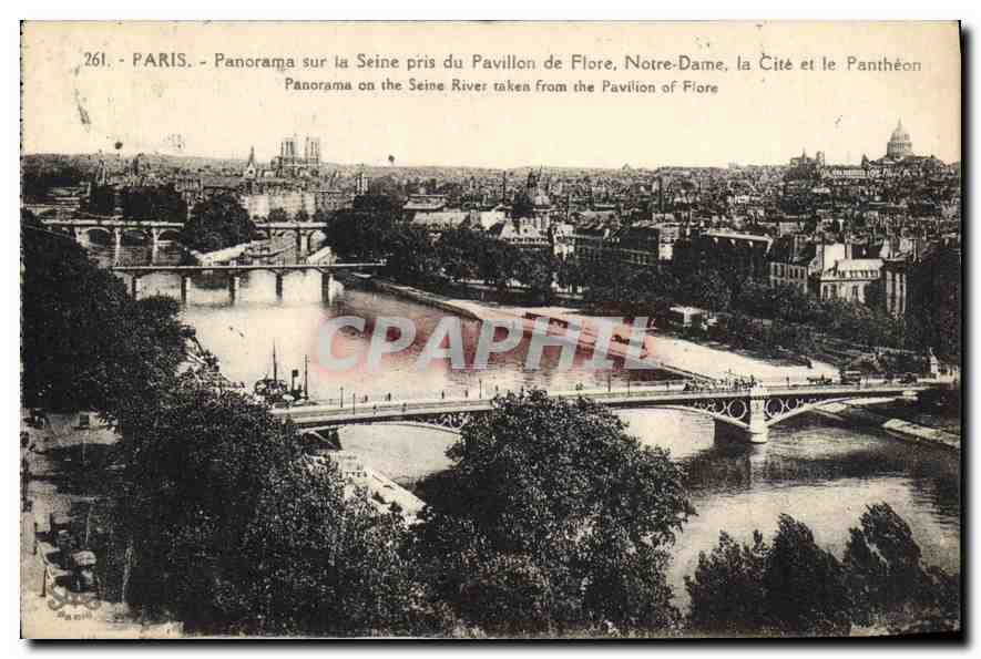 CPA Paris Panorama sur la Seine pris du Pavillon de Flore Notre Dame la Cite et le Pantheon 