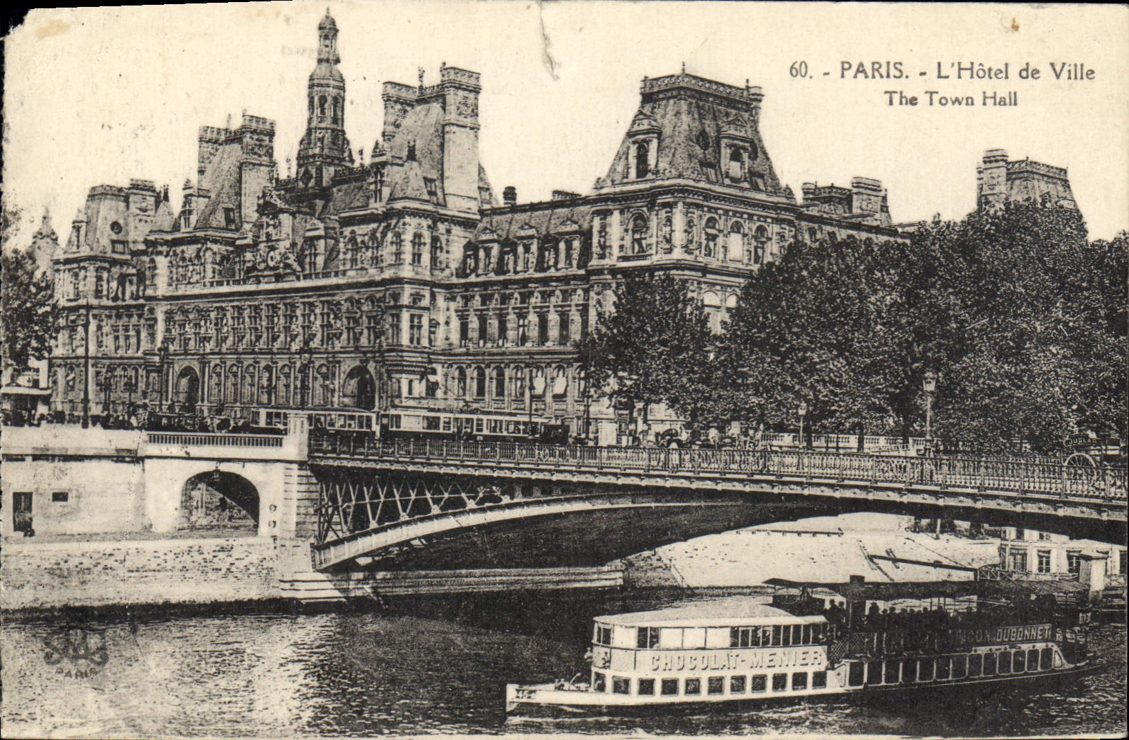 Tarjeta postal antigua París el hotel de Ville Bateau Chocolat Menier