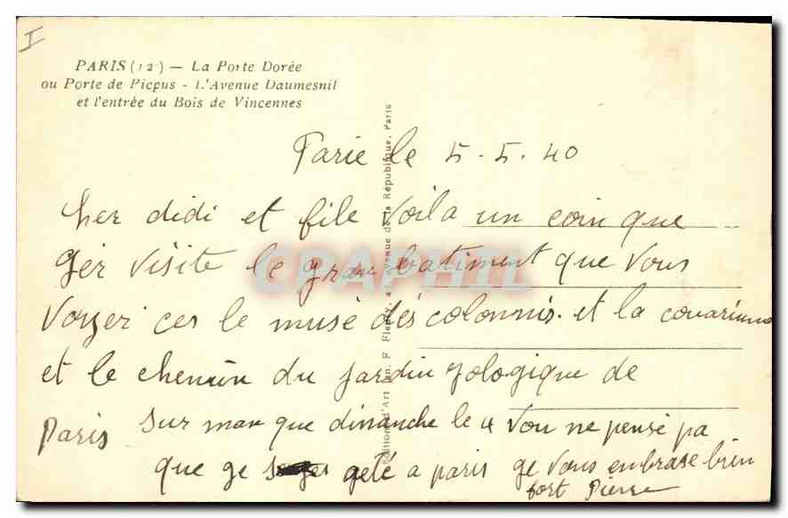 CPA Paris La Porte Doree ou Porte de Picpus L'Avenue Daumesnil et l'entree du Bois de Vincennes  — Verso