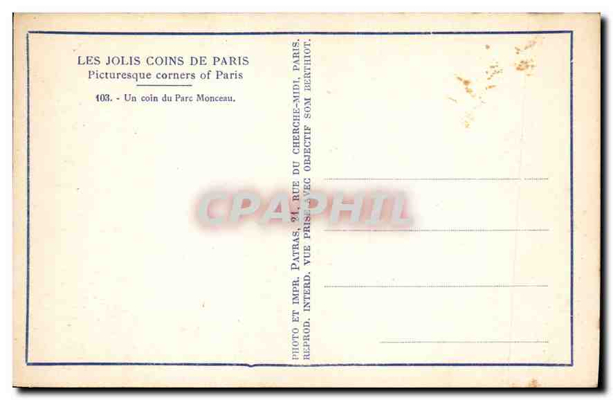 CPA Les Jolis Coins de Paris un coin du Parc Monceau  — Rückseite