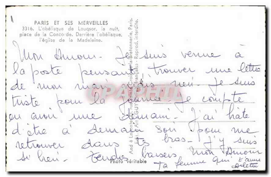 CPA Paris et ses Merveilles L'Obelisque de Louqsor a nuit place de la Concorde Derriere l'obelisque  — Rückseite