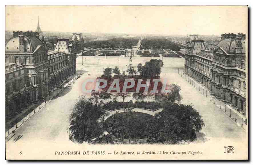 CPA Panorama de Paris le Louvre le jardin et les Champs Elysees tour Eiffel