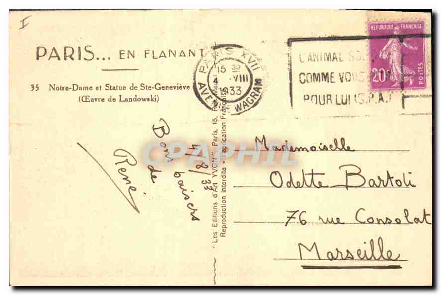 CPA Paris En Flanant Notre Dame et statue de Ste Genevieve Oeuvre de Landowaki  — Rückseite