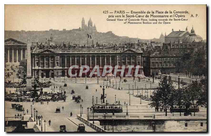 CPA Paris Ensemble de la place de la Concorde pris vers le Sacre Coeur de Montmartre et l'Opera 