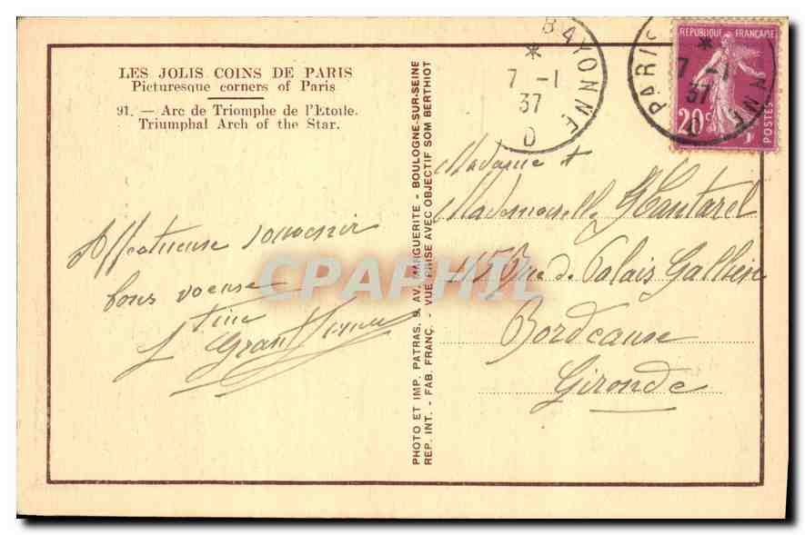 CPA Les Jolis Coins de Paris L'Arc de Triomphe de l'Etoile  — Rückseite
