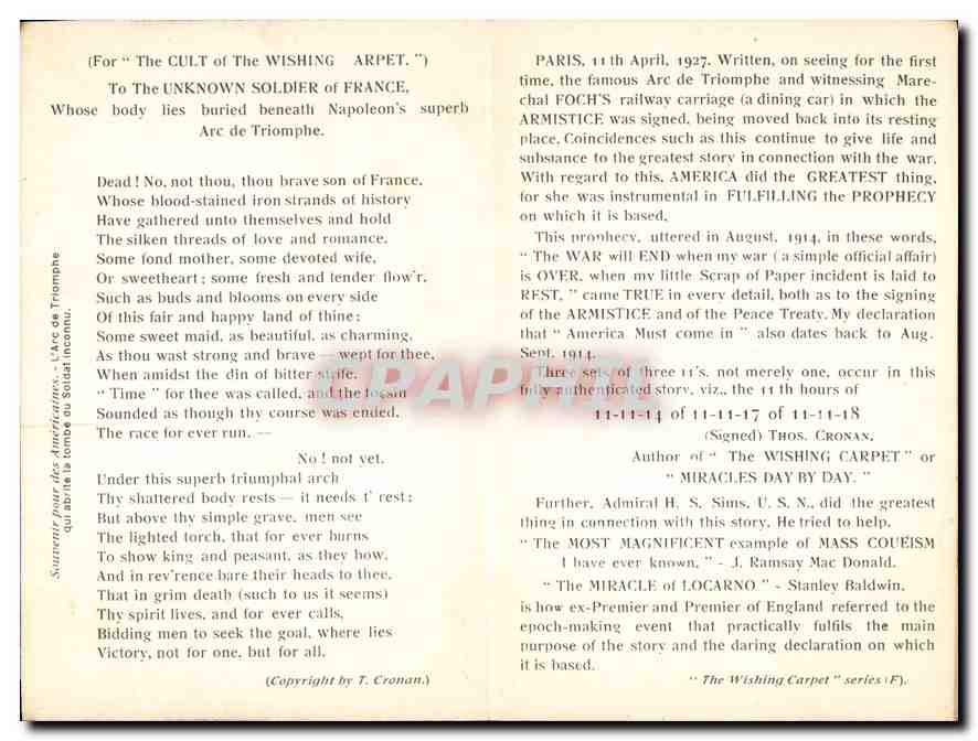 CPA Souvenir pour des Americaines L'Arc de Triomphe qui abrite la tombe du Soldat inconnu  — Rückseite
