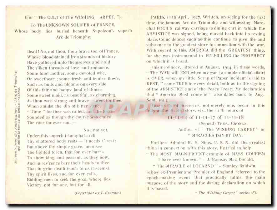 CPA Souvenir pour des Americaines L'Arc de Triomphe qui abrite la tombe du Soldat inconnu  — Rückseite
