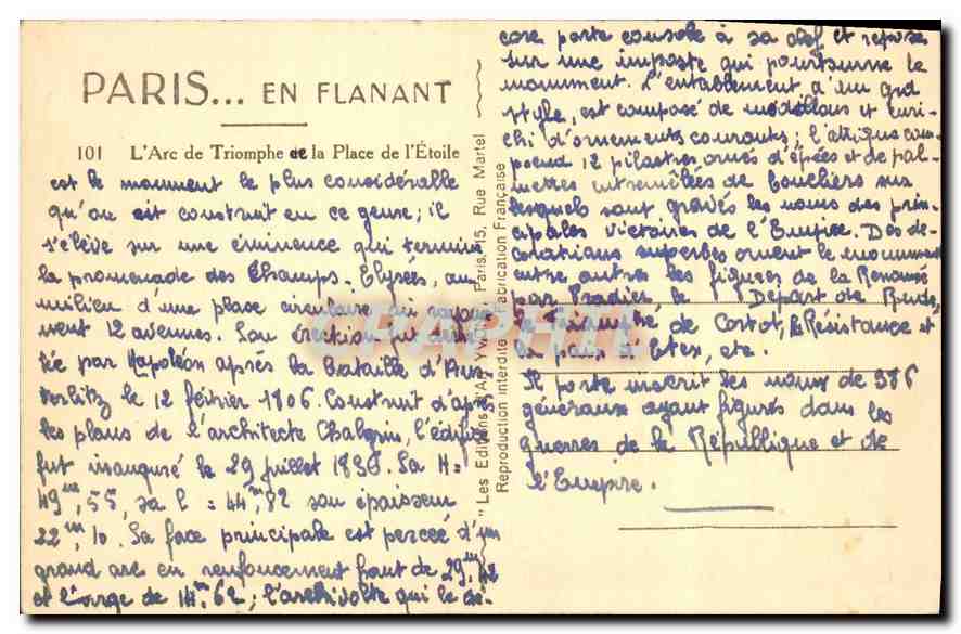 CPA Paris en Flanant l'Arc de Triomphe de la Place de l'Etoile  — Rückseite