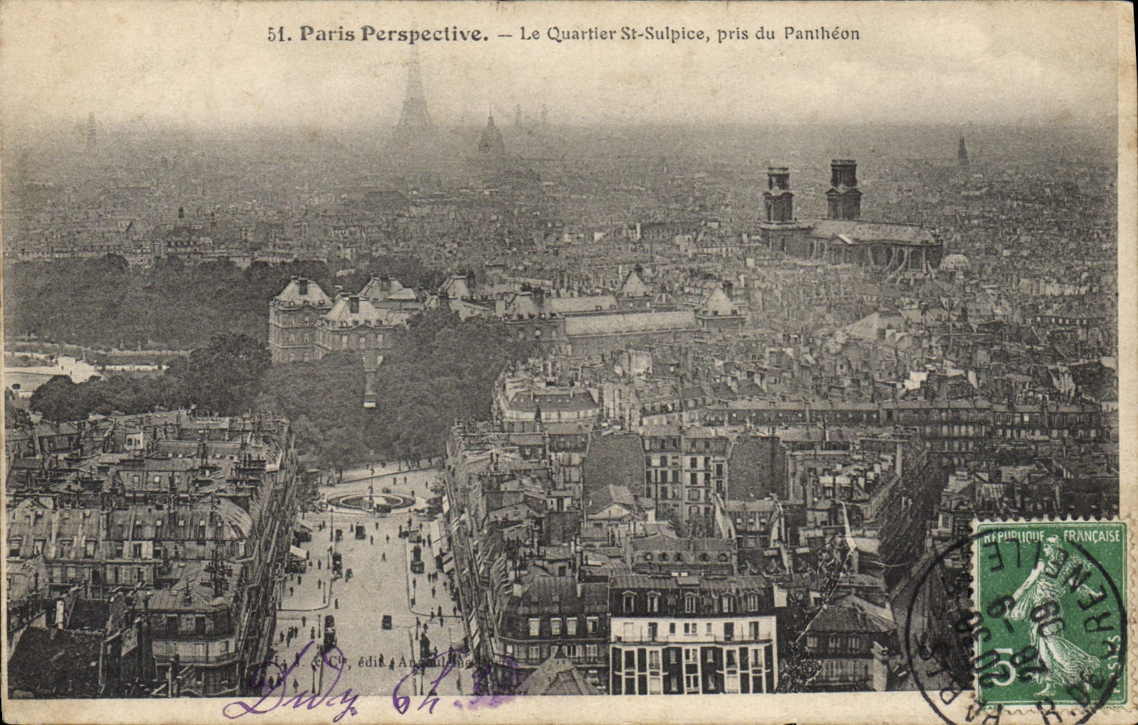 CPA Paris Perspective Le Quartier St Sulpice pris du Pantheon Tour Eiffel