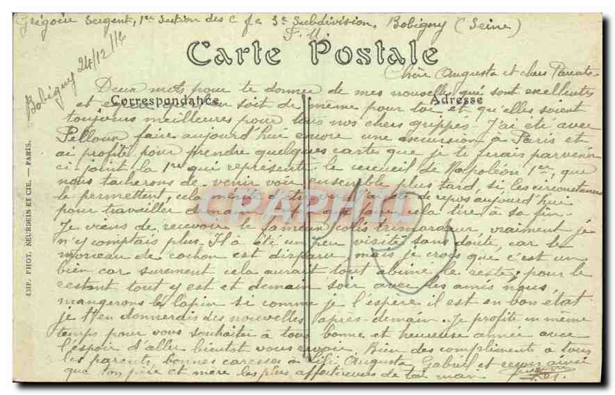 CPA Paris Hotel des Invalides de Napoleon  — Rückseite