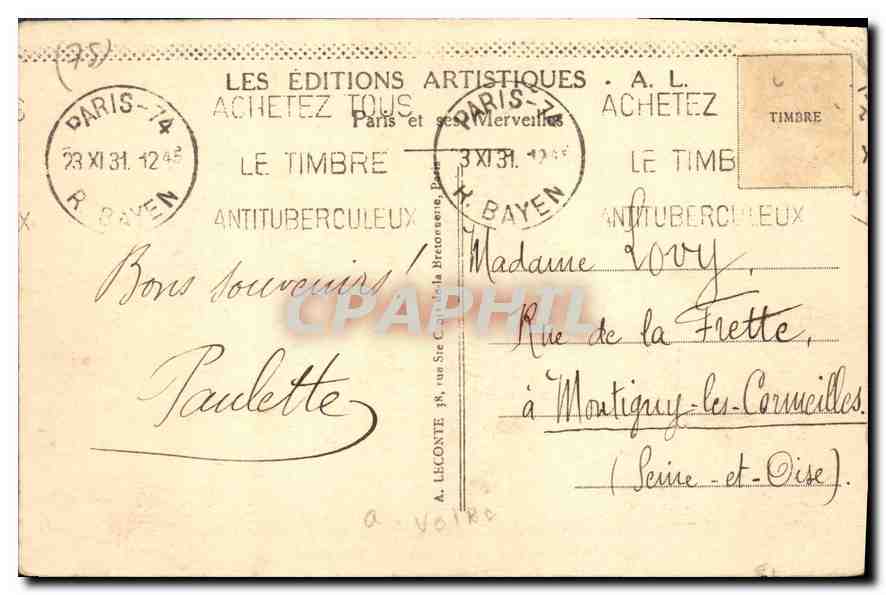 CPA Paris Arc de Triomphe  — Rückseite