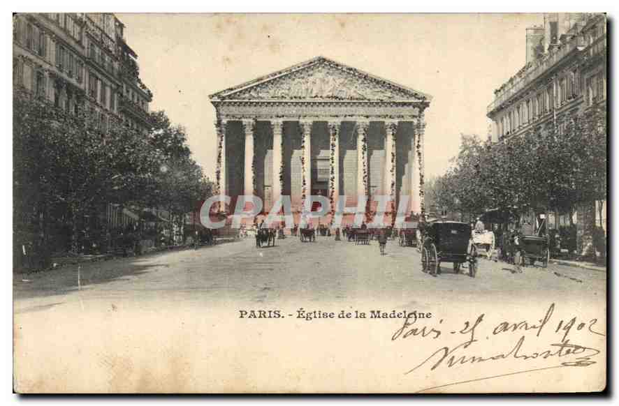 Paris - Église de la Madeleine — vue de la place avec voitures à cheval — éditeur non identifié