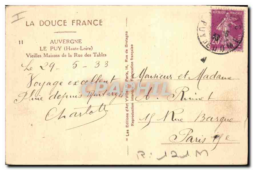 CPA Auvergne Le Puy Haute Loire Vieilles Maisons de la Rue des Tables  — Back